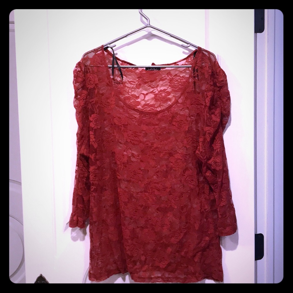 Deb 2x orange amber floral lace gathered top